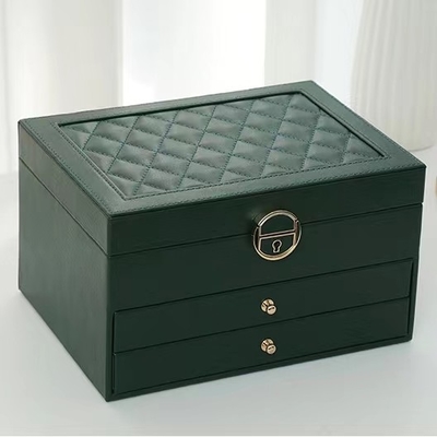 Kotak Perhiasan Mewah Green Pu Square Dengan Dua Laci Untuk Perhiasan Set Hadiah