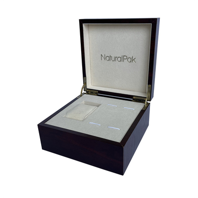 Kotak Kemasan Kertas Kayu Anggur Merah Kustom Silver Metal Logo Watch Set Box