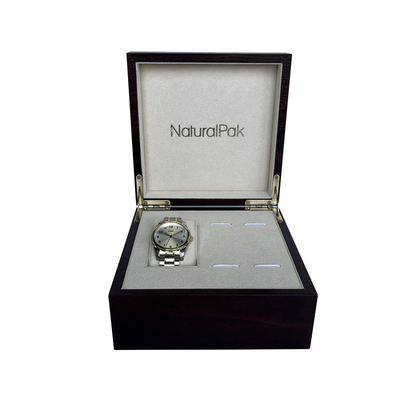 Kotak Kemasan Kertas Kayu Anggur Merah Kustom Silver Metal Logo Watch Set Box