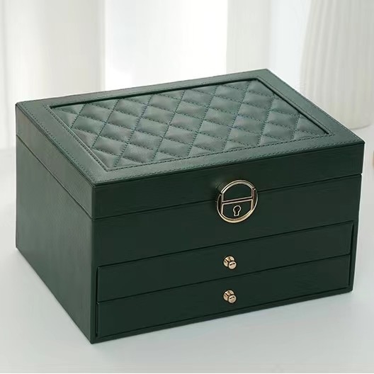 Kotak Perhiasan Mewah Green Pu Square Dengan Dua Laci Untuk Perhiasan Set Hadiah